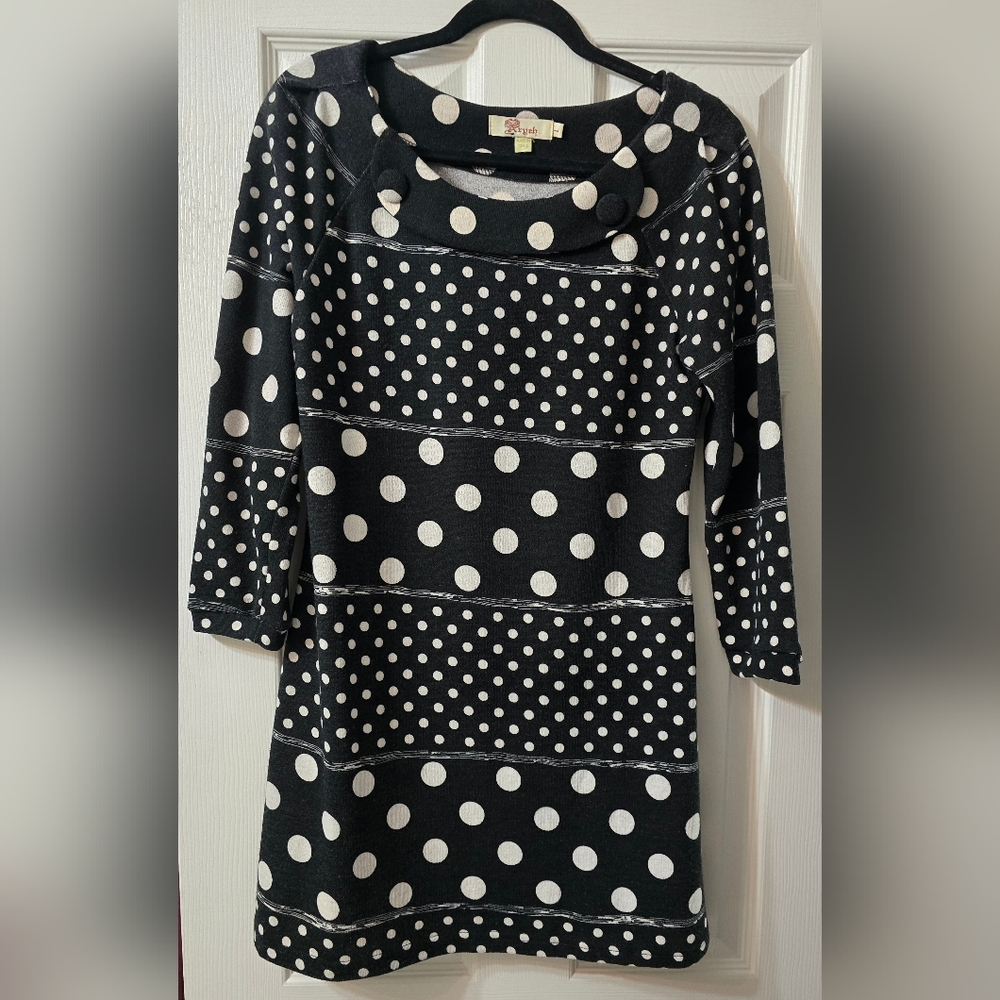 Aryeh Black and White Polka Dot Sweater Dress, Size L